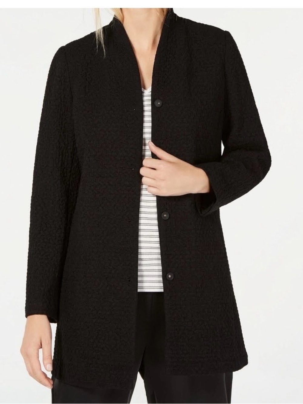 Eileen Fisher Black Crinkled Organic Cotton Blend  Pucker Knit Jacket Coat Sz XS